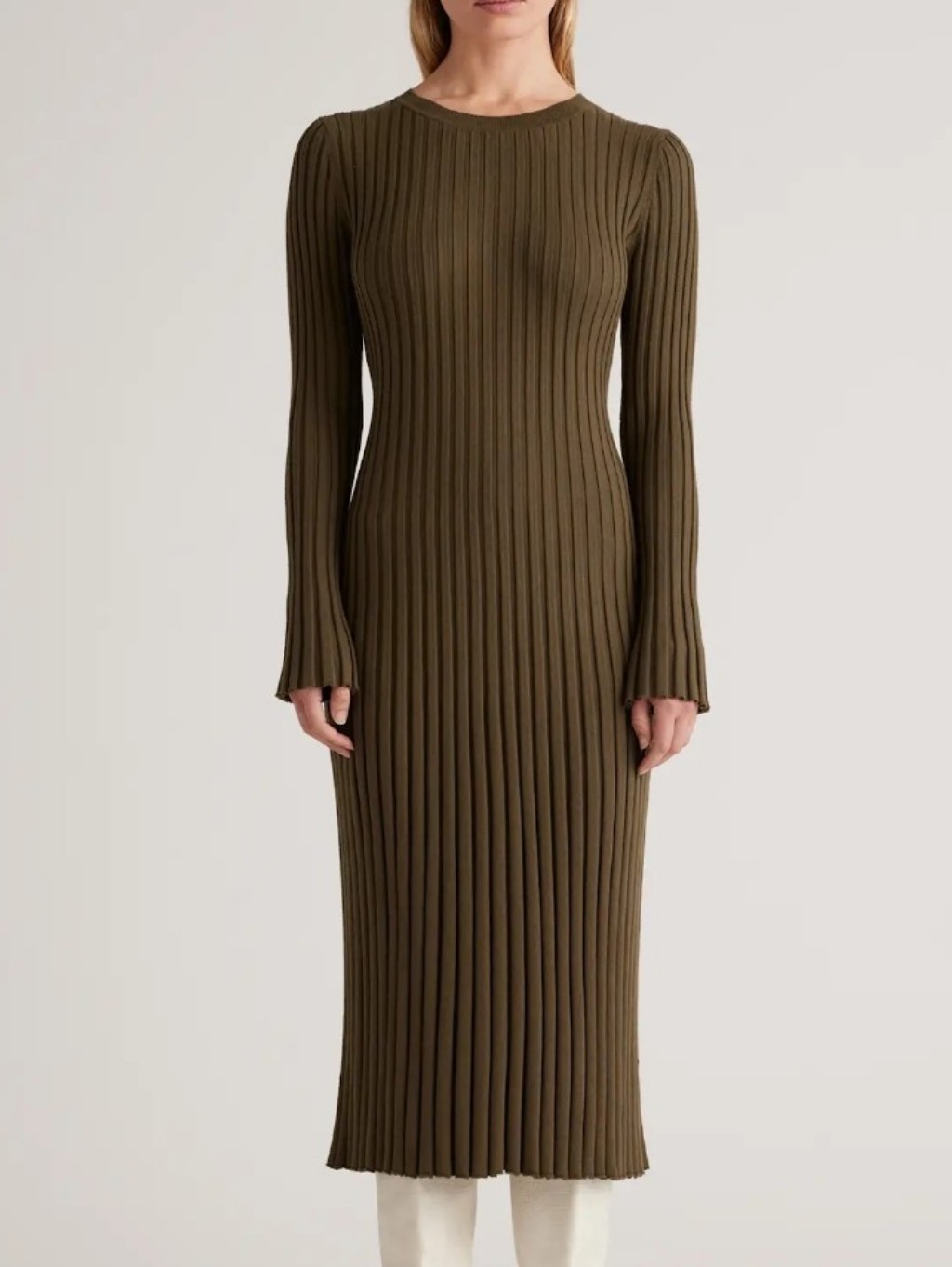 Quince Organic Cotton/Cashmere Blend Ribbed Crew Midi Dress
